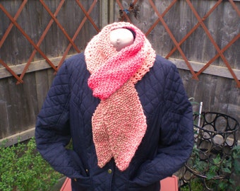 Knitted Winter Scarf for Women, Unique OOAK Handmade Knitwear, Peach Pink and Bright Pink Colours
