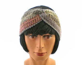 Crochet Headband for Women or Girls, Ladies Grey, Pink and Gold Twisted Turban Style All Seasons Ear Warmer, Unique OOAK Handmade Headwear