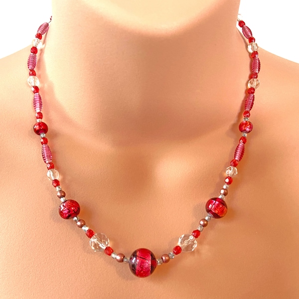 Vintage Bead Necklace with Pink, Red, Clear and Silver Glass Beads, Unique OOAK Upcycled Jewellery in Silver Gift box