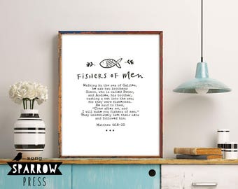 Scripture Print, Scripture Art, Bible Verse Art, Christian Wall Art, "Fishers of Men", Matthew 4:18-20, Printable Art, Instant Download