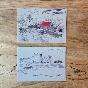 Lot de 2 dessins de Lochbuie | Château de Moy et ancien bureau de poste - Cartes postales d'art de l'île de Mull, Île d'Écosse, cadeau des Hébrides, Écosse