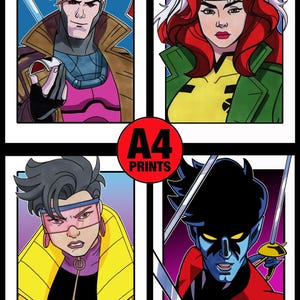 Pode incluir: Quatro impressões de arte em quadrinhos com Gambit, Rogue, Jubilee e Nightcrawler. Gambit está com um casaco marrom, Rogue tem cabelo ruivo, Jubilee usa uma jaqueta amarela e Nightcrawler é azul. As impressões são rotuladas como "A4 PRINTS".