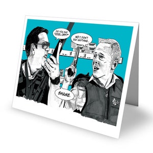 Może przedstawiać: Kartka okolicznościowa z czarno-białą ilustracją w stylu komiksowym przedstawiającą dwóch policjantów. Jeden z funkcjonariuszy mówi do radia, a drugi trzyma broń. Dymki zawierają frazy "DID YOU SAY 'COOL OFF?'", "NO I DIDN'T SAY ANYTHING..." i "SHAME."