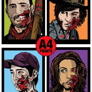 May include: Four A4 prints featuring stylized illustrations of characters with zombie-like injuries. The prints showcase portraits with graphic details, set against vibrant backgrounds of green, orange, blue, and purple. The prints are framed in black.