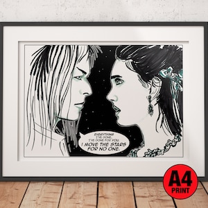 May include: A framed black and white print featuring two stylized portraits facing each other. The print includes the text "EVERYTHING I'VE DONE, I'VE DONE FOR YOU. I MOVE THE STARS FOR NO ONE." A red A4 print logo is in the bottom right corner.