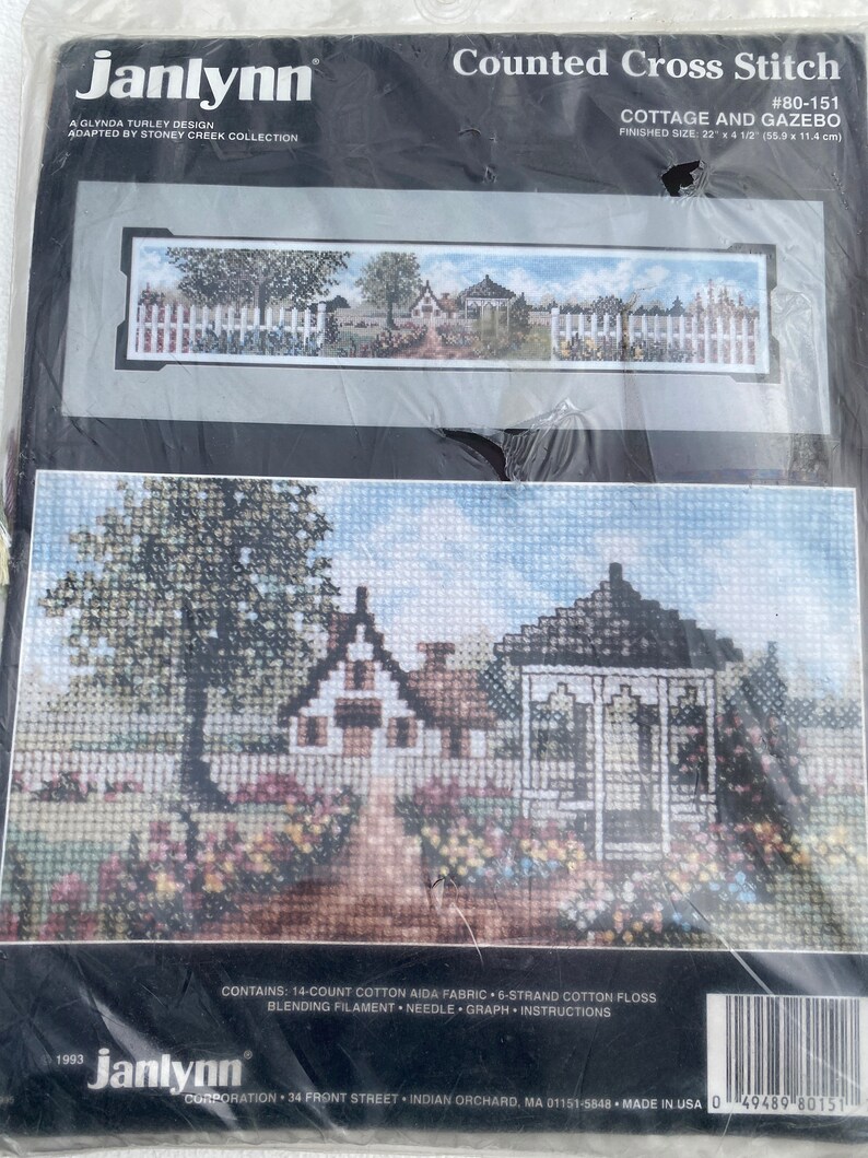 Counted Cross Stitch Kit Cottage and Gazebo by Janlynn 1993