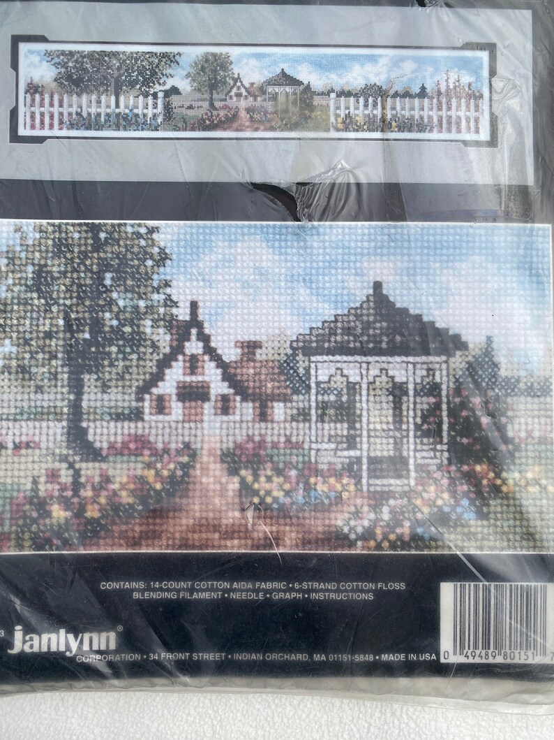 Counted Cross Stitch Kit Cottage and Gazebo by Janlynn 1993