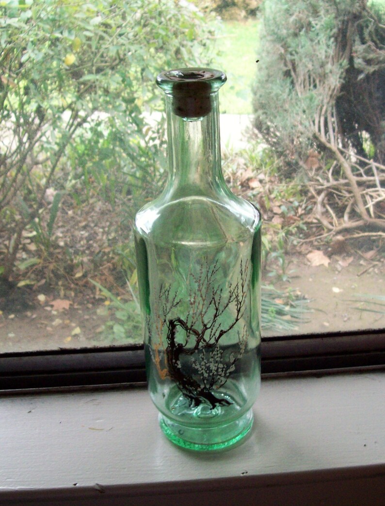Vintage Green Glass Bottle With Decorative Hand Painted Etsy