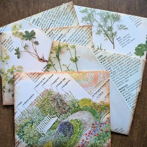 May include: A collection of five overlapping envelopes featuring vintage-style botanical illustrations and printed text. The designs include detailed drawings of herbs, garden plants, and a landscape scene with a white bench, all on aged paper.