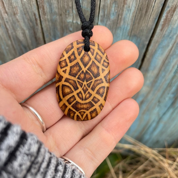 Wood Burned Pendent Necklace/Pyrography Art/Nature Inspired/Boho Jewelry/Wearable Art/Symmetrical Design/Natural Jewelry