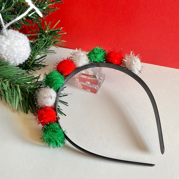 Christmas Pom Pom Headband, Felt Pom Pom Headband, Glittery Pom Pom Headband, Festive Headband, Gift for her, Christmas Gift