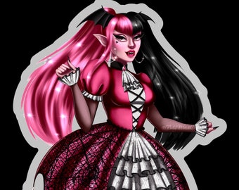 Dracula Vampire Girl Ghoul School | Pink & Black Gothic Lolita Clear Vinyl Sticker