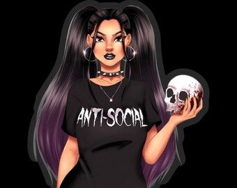 Goth 'Antisocial' Girl with Skull Clear Vinyl Sticker