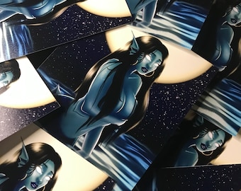 Siren Moonlight Mermaid Fantasy Mini Art Print | Blue Monster Girl Illustration 4"x4"