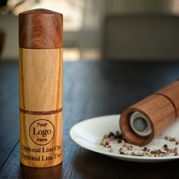 Engraved salt or pepper grinder with your custom company name and Logo. A business or corporate gift for your employees and executives.