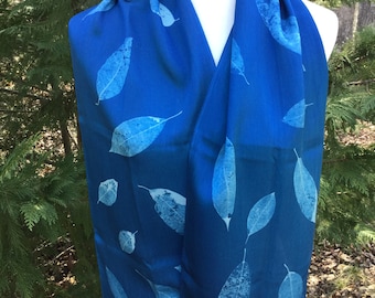 Blue Silk Scarf, Cyanotype Scarf, Leaf Print Scarf, Tree Print, Dark Blue Scarf, Botanical Scarf, Nature Print, Blue Graphic Art, Blue Silk