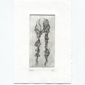 Peut inclure: Dessin au trait noir et blanc de deux tresses de cheveux, imprimé sur un fond de papier blanc. L'image est intitulée "PLAIT" et mesure 160 mm x 108 mm.