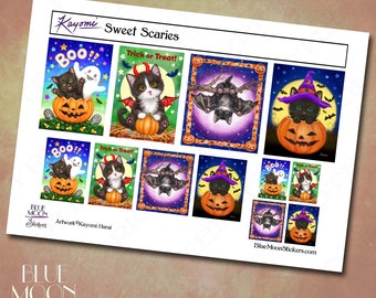 Sweet Scaries kitten bat pumpkin halloween fall Stickers by Kayomi Harai