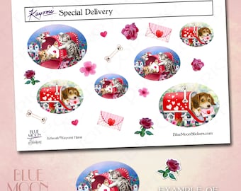 Special Delivery kittens and puppies Valentine Stickers by Kayomi Harai