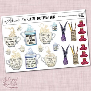May include: A sheet of stickers with motivational quotes for writers. The stickers feature watercolor illustrations of coffee mugs, inkwells, and writing utensils. The quotes include "Writing is the painting of the voice", "Write without fear. Edit without mercy", "You fail. Only if you stop writing", "The only writer to whom you should compare yourself is the writer you were yesterday", "The first draft is just you telling yourself the story", "Fill your writing with the breathings of your heart", "Out Line", and "Write, Write, Write, Edit, Edit, Edit".