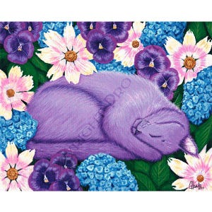 Puede incluir: Un gato morado duerme plácidamente en una cama de flores moradas, azules y rosas. El gato está enroscado con la cabeza apoyada en sus patas. Las flores están en plena floración y crean un hermoso telón de fondo para el gato dormido.