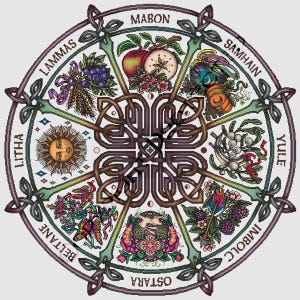 Può includere: Illustrazione circolare della Ruota dell'Anno, con otto sezioni che rappresentano le festività stagionali. Il design include nodi celtici e simboli come frutta, fiori e il sole. Le etichette includono "Lammas" e "Mabon."