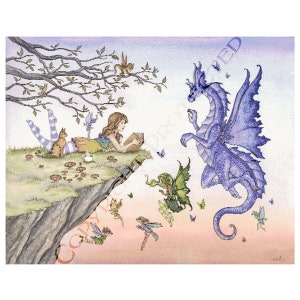 May include: A girl in a striped dress and a cat are sitting on a cliff edge reading a book. A purple dragon with blue wings flies above them. Several small fairies with wings are flying around them.