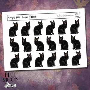 May include: A sheet of 16 black cat stickers with yellow eyes and open mouths. The stickers are arranged in a 4x4 grid. The text "MaryLaughton Hissin' Kittehs" is at the top of the sheet. The text "Blue Moon Stickers" is at the bottom of the sheet.