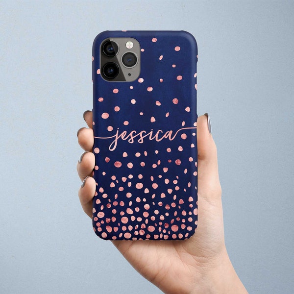 Custom Name Google Pixel 4 Phone Case for Pixel 3 XL Dark Navy Blue with Pink Confetti Pixel 3A Case Rose Gold Abstract Pixel 2 XL Cover
