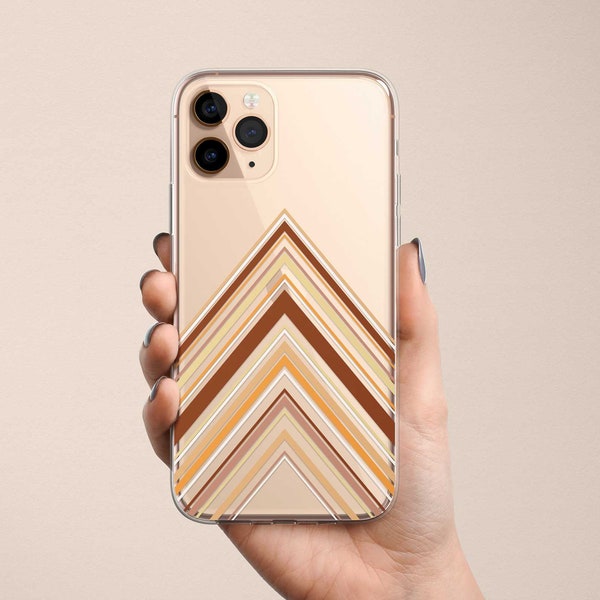 Abstract Chevrons Clear Phone Case Terracotta Brown Geometric Case for iPhone 15 14 13 12 11, Samsung Galaxy S24 S23 S22 S21, Google Pixel