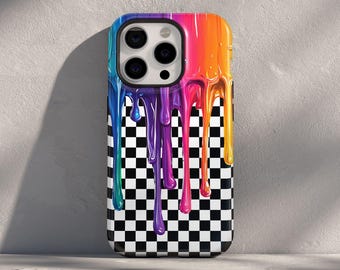 Funda para teléfono con diseño de tablero de ajedrez Y2K de nostalgia de los 90 para iPhone, Samsung Galaxy y Google Pixel, estética moderna de los 90, pintura arcoíris retro de los 2000