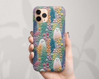 Spring Flowers and Cute Ghosts Phone Case for iPhone 15 Pro Max 14 Plus 13 Mini 12 11 XR X XS 8 7 SE2 Floral Rainbow Faux Embroidered Case