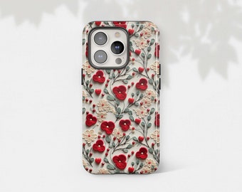 Red Flower Phone Case for iPhone 15 Pro Max 14 Plus 13 Mini 12 11 XR X XS 8 7 SE2 Cute Floral Faux Embroidered Look Trendy Gift for Friend