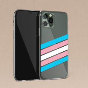 May include: A clear phone case with a transgender pride flag design. The case is on a brown background.