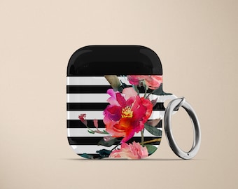May include: Black and white striped case with a floral design featuring pink and red flowers. The case has a silver ring attached to it.