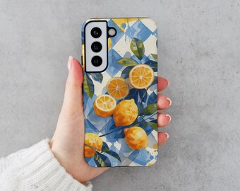 Lemon Fruit Phone Case for Samsung Galaxy S25 Ultra S24 Plus S23 FE S22 S21 S20 Cute Print Summer Tropical Preppy Blue and White