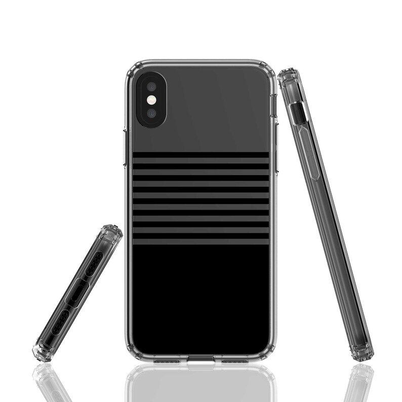 K&ouml;nnte beinhalten: Eine transparente Handyh&uuml;lle mit einem schwarz-wei&szlig;en Streifenmuster. Die H&uuml;lle wird aus verschiedenen Blickwinkeln gezeigt.
