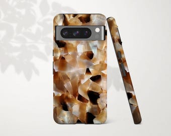 Brown and White Abalone Shell Phone Case for Google Pixel 10 Pro XL 9 9a 8 7 6 Unique Mosaic Tortoise Pattern