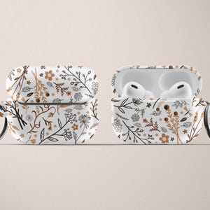 Flower Apple AirPods Case AirPod Pro Hard Plastic Case Tan Brown White Neutral Color Floral Air Pod Case with Keychain Flowers AD-TANFL image 3