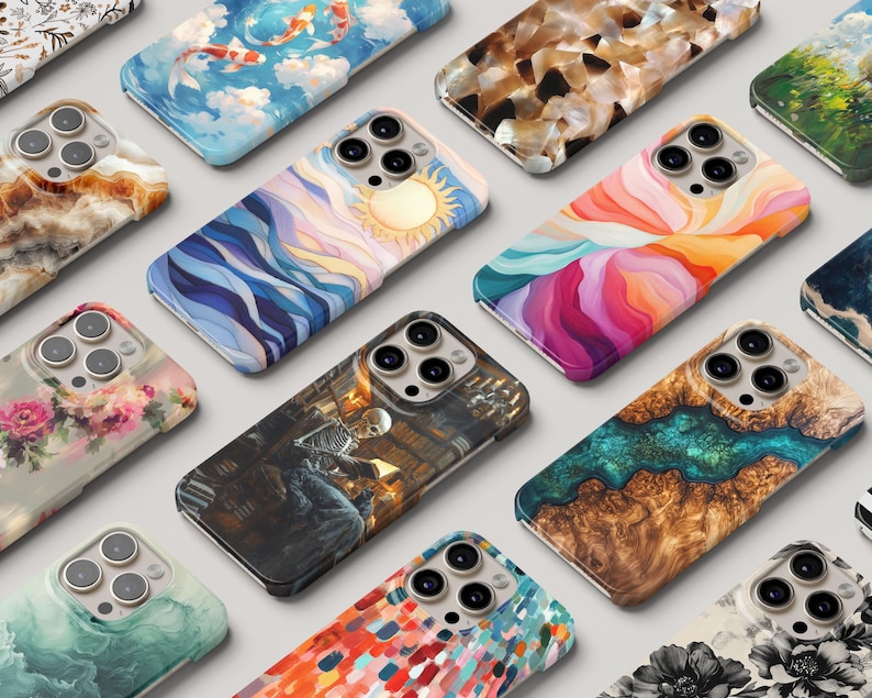 a bunch of cell phones with different designs on them