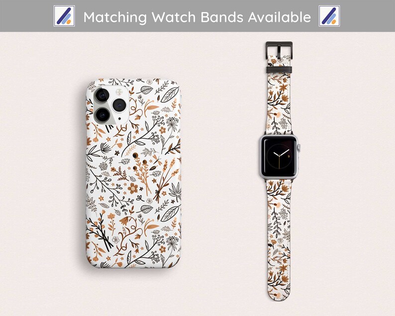 May include: A white phone case and matching watch band with a floral pattern in shades of brown and black. The text "Matching Watch Bands Available" is at the top of the image.
