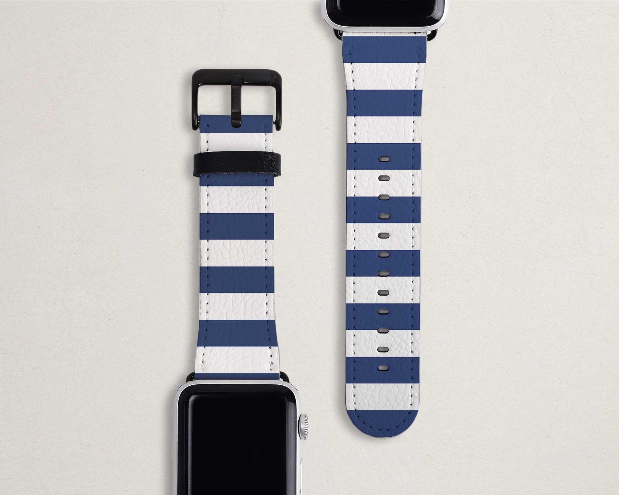 ストライプ柄 Apple Watch バンド ネイビーブルー＆ホワイトストライプ 