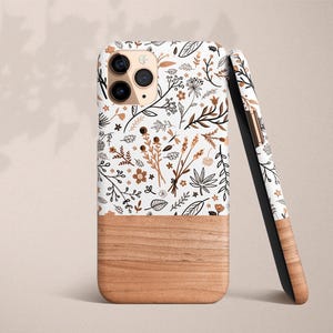 Weiß und Beige Floral Handyhülle für Samsung Galaxy S22 | Galaxy S22 Plus | Galaxy S22 Ultra | Faux Holz Galaxy Fall mit Blumen Tough Case