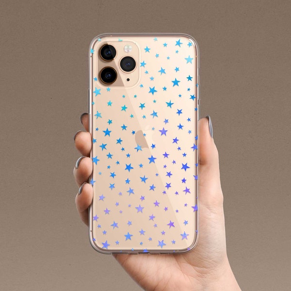 Blue and Purple Stars Clear Case for Samsung Galaxy S24 Plus S23 Ultra S22 S21 S20 S10 Note 20 Minimal Cute Phone Case with Star Confetti