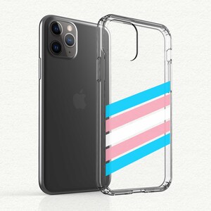 May include: A clear phone case with a transgender pride flag design. The case is made of a clear plastic material and has a raised edge to protect the phone's screen.