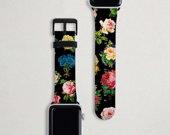 Vintage Flower Apple Watch Band Floral on Black Women's Apple Watch Band Faux Leather Gift for Her Series 5 4 3 2 1 40mm 38mm 42mm 44mm