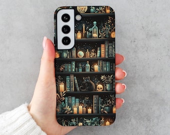 Black Cat bookshelf Phone Case for Samsung Galaxy S25 Ultra S24 Plus S23 FE S22 Witchy Gothic Academia Bookish Gift for Fantasy Book Lover