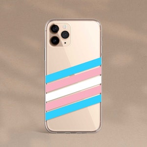 May include: A clear phone case with a gold background and a transgender pride flag design. The case has a camera cutout and a raised lip around the edges.