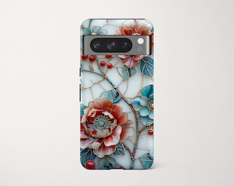 Red Rose Stained Glass Phone Case for Google Pixel 10 9 Pro XL 8 7 6: Pretty Flowers Faux Stained Glass Floral Aesthetic Tough Case