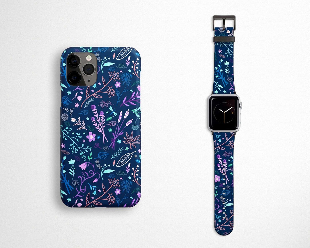 Blue Floral iPhone Case and Apple Watch Band Set for iPhone 12 Pro SE